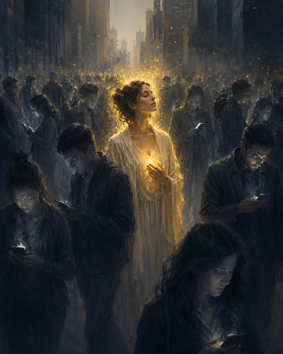 A single luminous figure awake in a crowd gone grey